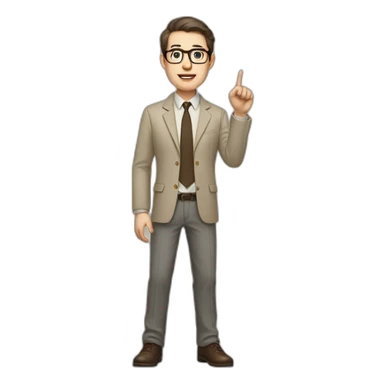 Full height Actively Gesturing Pale skinned fit man with dark brown hair in gray jacket, beige office shirt, brown tie, brown pants and vintage glasses. sticker