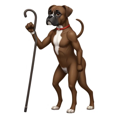 Elderly adult dark black boxer dog standing on hind 2 legs hunched over using one cane sticker