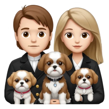 A couple boy with nice brown hair  and beautiful girl with long dark blond hair and with two shih tzu dogs with  black and white coat sticker