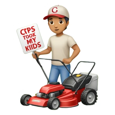 guy pushing lawn mower holding sign that says “cps took my kids” sticker