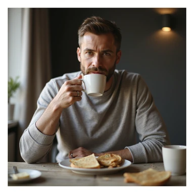 hyperrealistic 4K man isolated on white background having breakfast, drinking a cup of coffee, natural pose, realistic details, variant 2 sticker