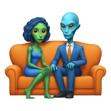 alien reptilian woman in orange dress and humman man in blue, sitting on a couch  sticker