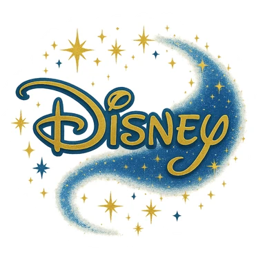 logo in Disney style, magical and fun feeling, elegant font, with stars and fairy dust details, predominantly blue and gold colors sticker