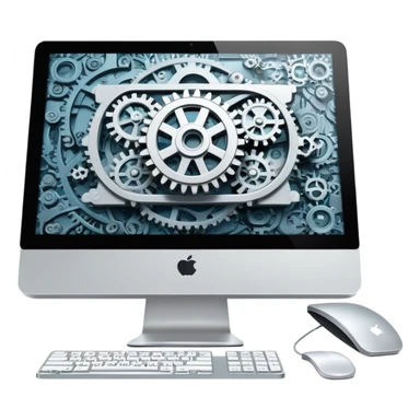 iMac computer with gears on the screen sticker