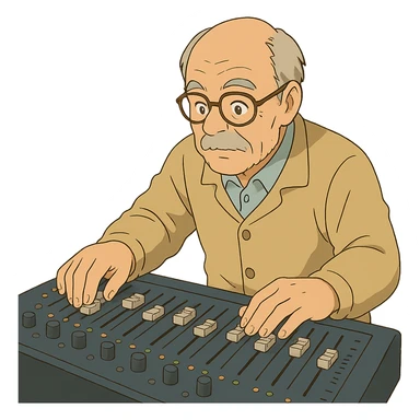 ghibli style senior Caucasian male with glasses, adjusting audio console sliders sticker