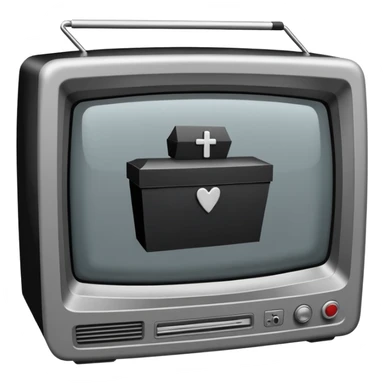 Minimalist emoji-style sticker of a CRT TV in the shape of a coffin, with a cross or static noise on the screen. Desaturated design.  sticker