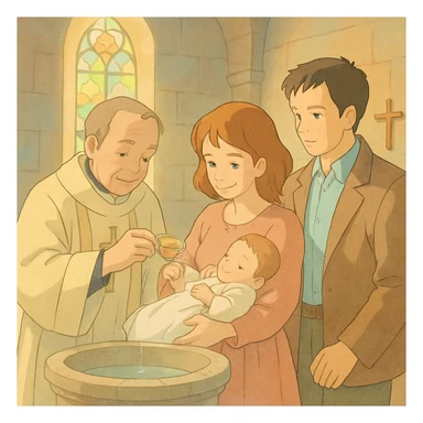Christian baptism scene, gentle pastel colors, ghibli style sticker