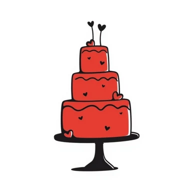 Hand-drawn red wedding cake with decorative layers and small heart details sticker