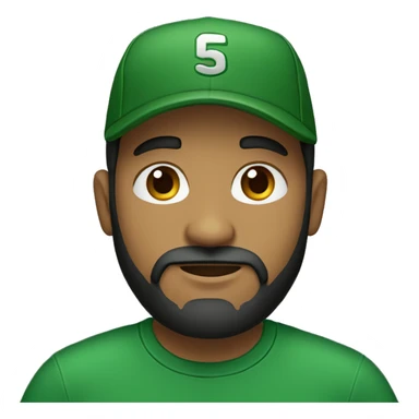 brown man with a dark beard, dark eyes, dark green t-shirt and a BLACK BLACK cap sticker