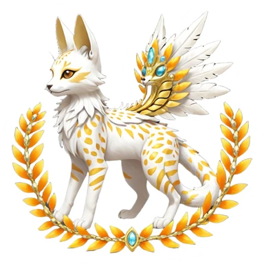 Epic complex fantasy glorious detailed futuristic divine godly angelic feathery sunny, white, albino, pastel, golden, orange glowing sparkly, realistic Fakémon-Sprigatito-Floragato-Meowscarada-Trico-Sergal-Serval-Solgaleo-Vernid-creature (full body) solarpunk, shiny sparkly with gold wreaths sticker