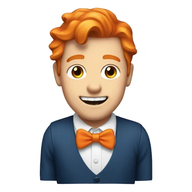 british white guy with orange hair, buck teeth, blue bowtie, and red vest sticker