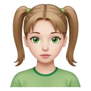 create an emoji of a young woman. She has a kind look, with long light brown hair in a ponytail, green eyes, pale skin, natural soft pink lips. she wears a green y2k top sticker