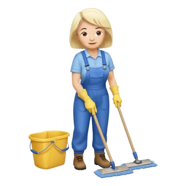 old women, Custodian with yellow rubber gloves, white T-shirt, blue overalls, mopping floor sticker