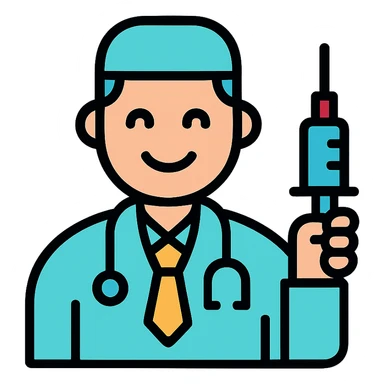 happy doctor holding a syringe, color outline icon style sticker