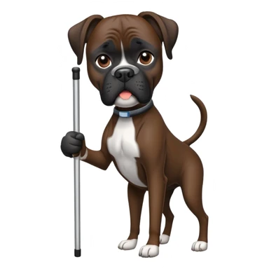 Elderly dark black boxer dog standing on hind 2 legs using one cane sticker