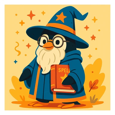 a wise penguin wizard with glasses, a long beard, and a book of spells, in a whimsical illustration style sticker