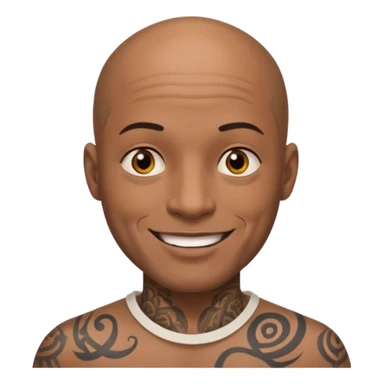 This is a cartoon-style avatar of a bald man with dark skin, golden-brown eyes, and several tattoos on his face, smiling with a friendly expression. sticker