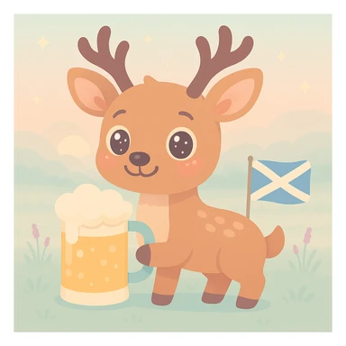 Add a Scottish flag to the scene with the cute anime-style stag deer holding a massive beer mug in a Scottish meadow at sunrise with mist. Keep the style and mood consistent in kawaii style. sticker