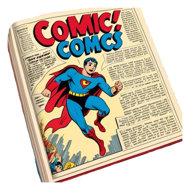 Create a vibrant emoji representing comic books and graphic novels. The design should feature a large, open comic book or vintage comic magazine with pages displaying classic comic art, with text. The comic pages should have bold, dynamic panels and action scenes. Include a pencil writing on the pages, but without a hand, to symbolize the artistic creation of comics. Use bright colors like red, blue, and yellow, with a retro feel to the design. Make the background transparent. sticker