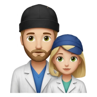 a blonde bearded guy wearing black cap, tall, fair skinned, brown eyes,  looking into the girls eyes who is short than him having green eyes and brown hair, who is in love with the guy, girl is wearing a lab coat, guy is wearing a brown jacket and blue jeans sticker