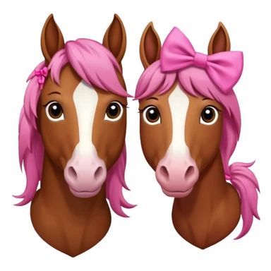 i want you to make a brown horse and a chestnut horse looking like best friends and having a pink bow on their maine next to ther ear sticker