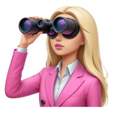 futuristic-looking woman with long hair in an intensive color pink suit looking through binocular, viewed from an angled perspective sticker