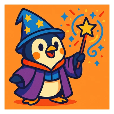 a cute penguin wizard casting a spell, wearing a robe and holding a wand, in a colorful cartoon style, vibrant toon style sticker