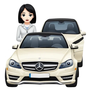 Woman with black hair stands near white Mercedes C-class sticker