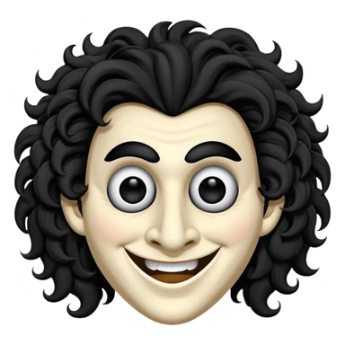 generate theatre wooden mask emoji with a big curly black hair 

wide black coloured smile, long and pointy white nose with no nostrils, pitch black eyes sticker