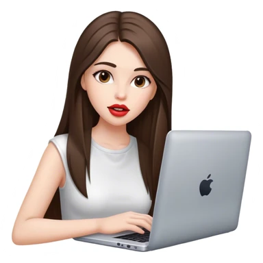 beautiful girl, with long straight brunette hair, with big lips, with laptop sticker
