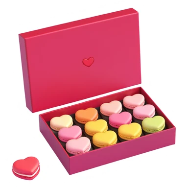 box of heart-shaped macarons, soft lighting, playful and charming, high gloss, modern design, iOS 3D emoji style sticker