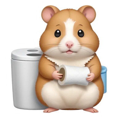 Cute chubby cartoon-style hamster sitting on toilet holding toilet paper looking as if he had an accident, sticker-style illustration sticker