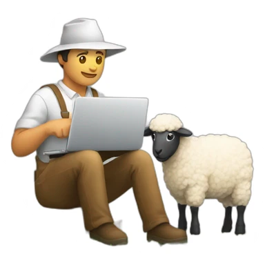 farmer working laptop beside sheep sticker