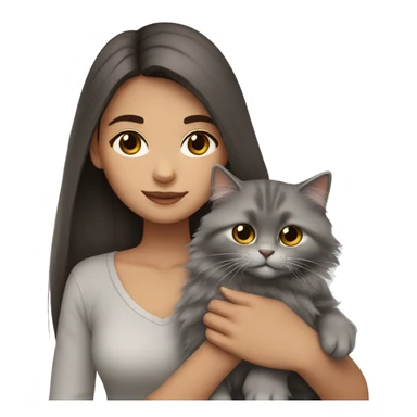 Dark brown straight hair girl with holding fluffy Siberian gray cat  sticker