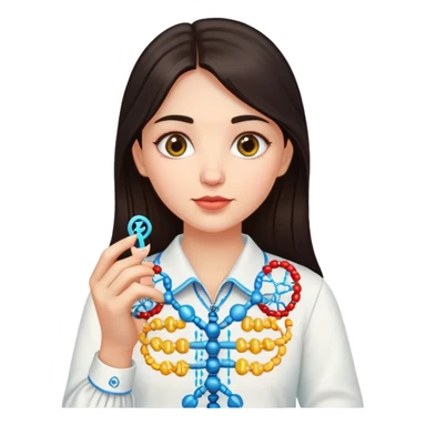 Ukrainian girl with dark hair in an embroidered traditional shirt holds a DNA molecule in her hand sticker