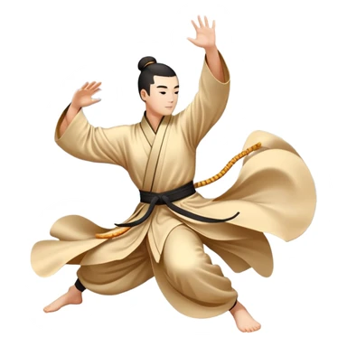 Emblem symbolizing Wushu martial arts. A graceful martial artist performs a dynamic kung fu pose, with flowing movements and a long, elegant robe. The background features stylized clouds and traditional Chinese symbols, representing fluidity, balance, and precision. Transparent background. sticker