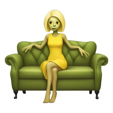 blonde alien reptilian woman in jellow dress, sitting on a couch  sticker