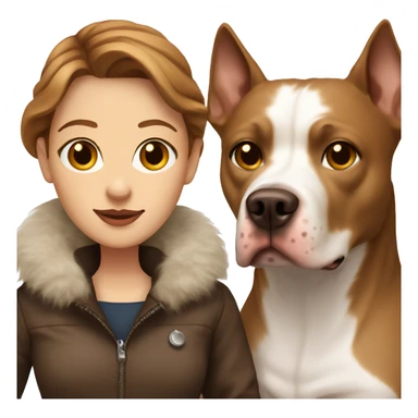 white woman with long brown hair in a furry jacket standing alongside a white pitbull with a brown patch around his eye sticker