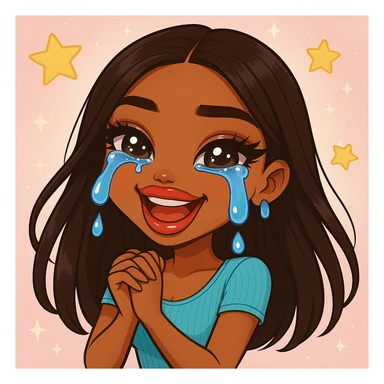 Make the character look like a 20-year-old woman in anime Bratz style with dark skin, dark hair, crying laughing expression, big expressive eyes, and glossy lips. sticker