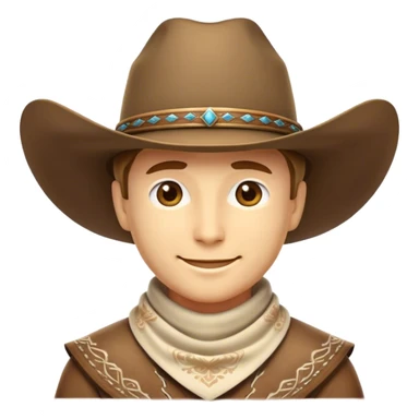 Clash of Clans aesthetic: Beautiful and Majestic Cowboy Portrait Emoji, Rendered in serene confidence with a gentle, enigmatic smile and a regal wide-brimmed hat, showcasing a distinguished, weathered build with a timeless bandana and soft, wise eyes in natural skin tone, Simplified yet exquisitely endearing features, highly detailed, glowing with a soft, majestic western light, high shine, calm and heroic, stylized with an air of legendary frontier elegance, soft glowing outline, capturing the essence of a majestic cowboy whose noble spirit inspires epic journeys! sticker