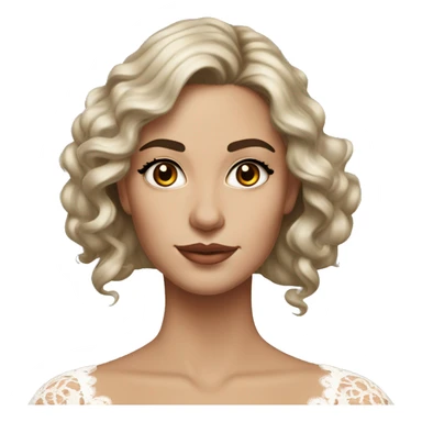 hyper realism Adult woman with brown eyes, light tanned skin, long wavy dark brown hair, wearing a white lace dress, thin eyebrows sticker