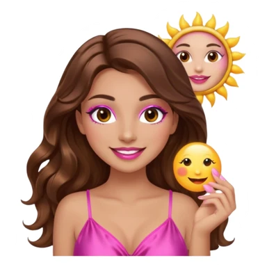 girl with long wavy brown hair, brown eyes, long lashes makeup, sexy pink lips, smiling, light to medium complexion, wearing a pink sexy silk top, holding the sun icon  sticker