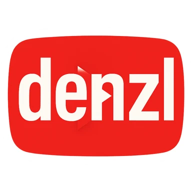logo for 'denzl' inspired by YouTube branding, bold sans-serif lettering, red and white color scheme, play button icon integrated, modern and clean design sticker