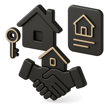 an icon representing mortgage services, including a house with a key, a document with a house symbol, and a handshake over a house, 3D black style sticker