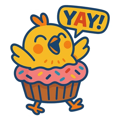 chick in cupcake costume shouting “Yay!”, vibrant-toon style sticker