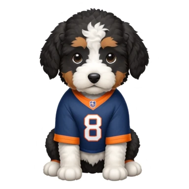 black and white bernedoodle puppy wearing broncos jersey sticker