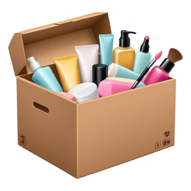 a cardboard box with assorted beauty products like compact, lotion, and nail polish spilling out sticker