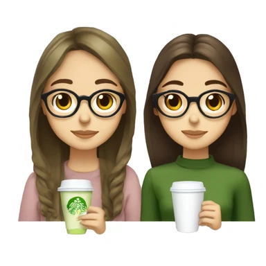 two girls drinking matcha lattes together they both have brown hair and brown eyes one has glasses and straight hair the other has wavy hair slightly shorter than the other girl  sticker