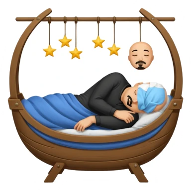a bald, tan man who has a black goatee sleeping in a cradle sticker