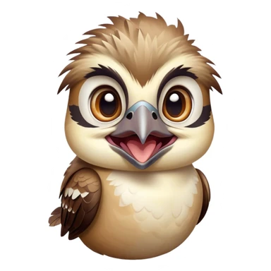 Cinematic Comical Kookaburra Portrait Emoji, Head tilted dramatically with an exaggeratedly amused expression, featuring a strikingly patterned brown and cream plumage with wide, expressive eyes filled with playful disbelief, Simplified yet hilariously expressive features, highly detailed, glowing with a slightly sassy glow, high shine, dramatic yet playful, stylized with an air of cheeky bushland mischief, bright and endearing, soft glowing outline, capturing the essence of a spirited and over‐the‐top kookaburra, so meme‐worthy it feels like it could cackle its way into internet fame instantly! sticker